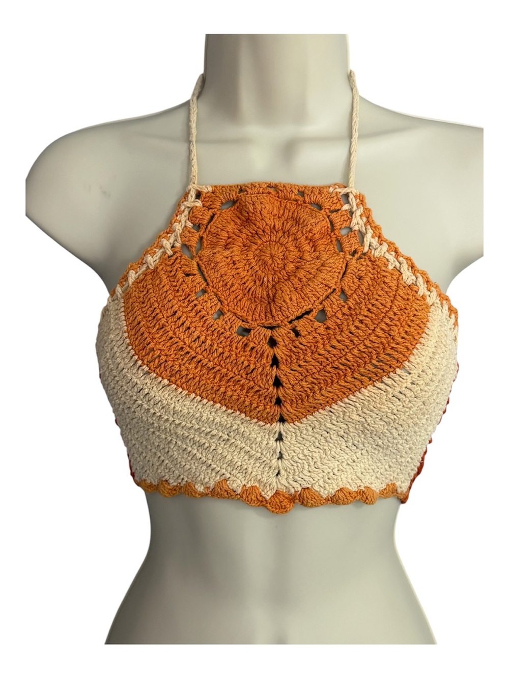 BOG Collective Crochet Halter Top Orange Cream Size XS